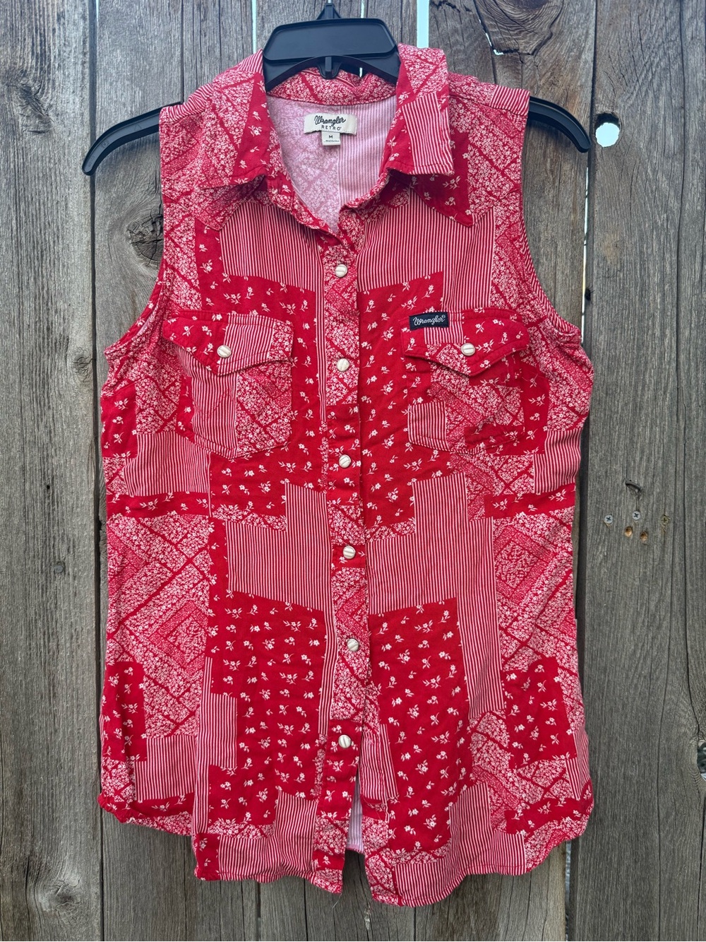 Wrangler Daisy Duke Red Patchwork Sleeveless Western Top